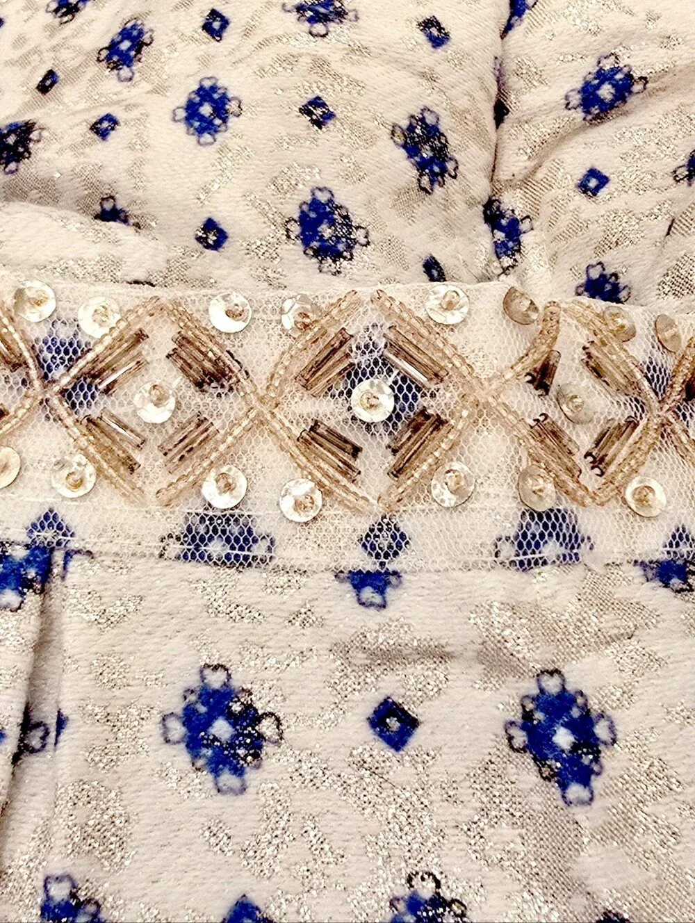 Miami Cream Brocade Shimmery Skirt with Blue Floral Print And Beaded Waist.